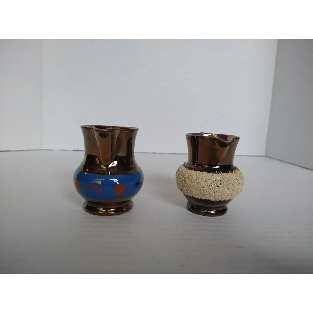 Set of 2 Small Mini Vintage Blue White Enamelware Creamers Pitchers Collectable